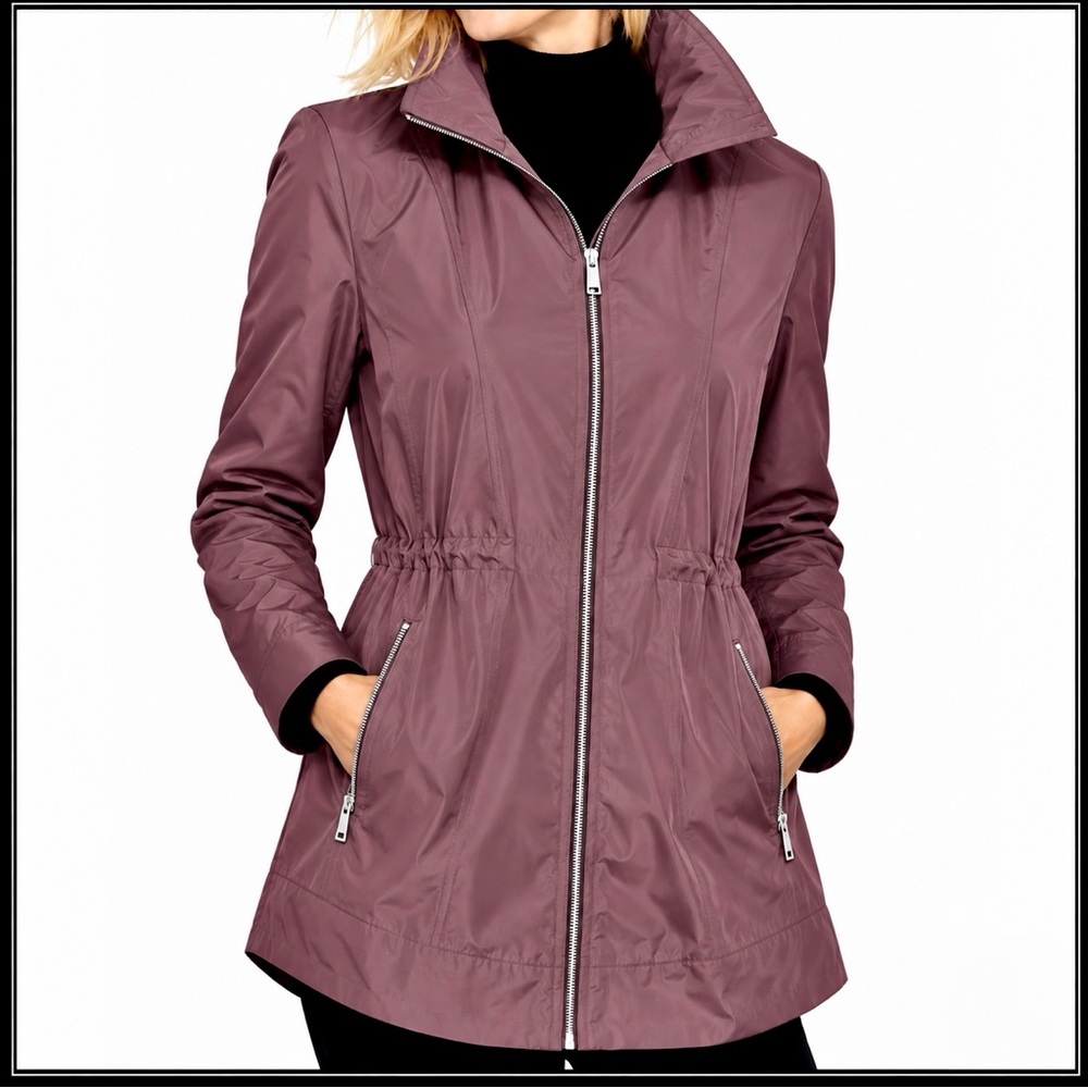 Calvin Klein Womens Mauve Lavender Zip Front Rain Jacket w/ Hide Away Hood XL